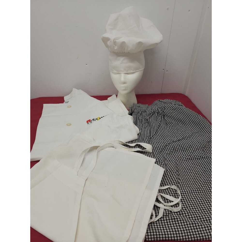 Chef Costume Genuine Chef Coat~Checked Pants~Apron~Touque(Hat) SZ XL Halloween